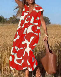 V-Neck Print Dress – Rot