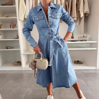 Sofia | Denim Maxi Kleid Damen mit langen Ärmeln – Jeansblau