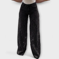 Trendige Spitzen-Patchwork-Jeans – Schwarz