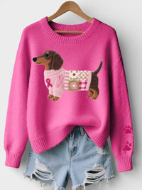 Lena | Damen Pullover gemütlich mit Dackelprint – Rosa
