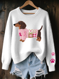 Naoni – Strickpullover mit Dackelmotiv aus Wollfilz – weiß