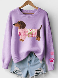 Lena | Damen Pullover gemütlich mit Dackelprint – Lila