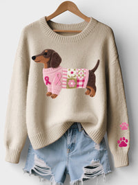 Lena | Damen Pullover gemütlich mit Dackelprint – Beige