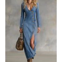 Langärmliges Maxikleid mit V-Ausschnitt für Damen – Elegant, Bequem & Figurbetont – Blau