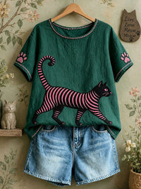 Damen-Freizeit-Tops mit Katzenmotiv – Grün