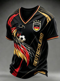 Männer Deutschland Fußball Fan Print T-Shirt mit V-Ausschnitt – Schwarz