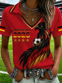 Damen-T-Shirt mit V-Ausschnitt und deutschem Fußballfan-Print – Rot