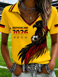 Damen-T-Shirt mit V-Ausschnitt und deutschem Fußballfan-Print – Gelb