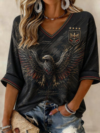 Frauen-T-Shirt mit Deutschland-Fußballmotiv, mittellange Ärmel und V-Ausschnitt – Schwarz
