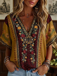 Damen-Boho-T-Shirt mit deutschem Blumenmuster, mittellange Ärmel und V-Ausschnitt – als bild