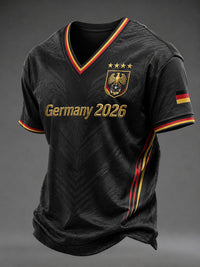 Herren-Fußball-T-Shirt aus Deutschland mit V-Ausschnitt und Aufdruck – Schwarz