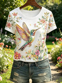 Damen-Blumen-Kolibri-Print-lässiges T-Shirt – Beige