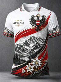 Herren-Polo mit Motiven österreichischer Berglandschaften, lässiger Druck – Weiß