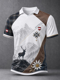 Herren-Polo mit österreichischem Bergmotiv als Kunstdruck, lässig geschnitten – Weiß
