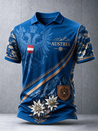 Herren-Polo mit lässigem Edelweiß-Flaggen-Print in österreichischem Stil – blau