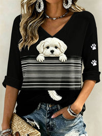 Damen-T-Shirt mit verstecktem Malteser-Hund und Pfotenabdrucken, Color-Block-Print, mittellange Ärmel und V-Ausschnitt – Schwarz