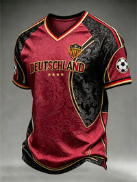 Herren-T-Shirt mit kontrastfarbenem Design, Fußball-Element-Muster und V-Ausschnitt – Schwarz-Rot