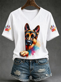 Damen-T-Shirt mit niedlichem Hundeaufdruck – Geschenk für Tierliebhaber, lässig, V-Ausschnitt – Weiß