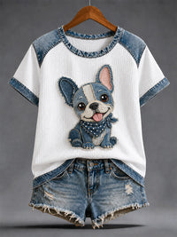 Damen-Denim-Patchwork-T-Shirt mit Hunde-Print und Waffelstruktur, lässig – Weiß