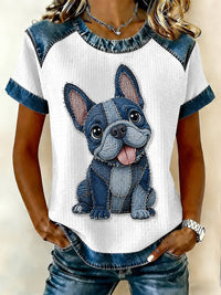 Damen Denim Patchwork Waffel lässiges T-Shirt mit Hunde druck – Weiß
