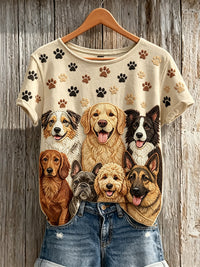 Damen-T-Shirt mit kurzen Ärmeln für Hunde und Pfoten muster – Beige
