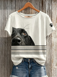 Frauen Peeking Dog & Paw Print Gestreiftes Print Kurzarm-T-Shirt – Weiß
