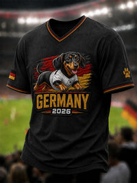 Herren-T-Shirt mit Dackel- und Fußball-Print sowie V-Ausschnitt – als bild