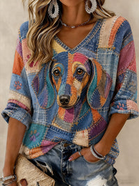 Damen-T-Shirt mit Hunde-Print, mittellange Ärmel und V-Ausschnitt – als bild