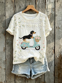 Damen-Süßes Dackel-Motorroller-Art-Blumenprint-Kurzarm-T-Shirt – Weiß