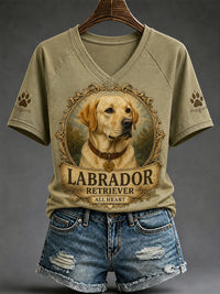 Damen-Retro-T-Shirt mit Hunde-Print und V-Ausschnitt, lässig geschnitten – Olivgrün