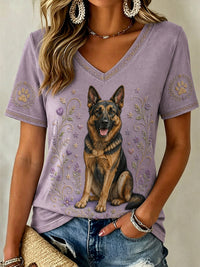 Damen-Retro-T-Shirt mit Blumen- und Hunde-Print, lässig, V-Ausschnitt – Lila