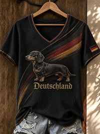 Damen-T-Shirt mit Dackelmotiv und V-Ausschnitt – Schwarz