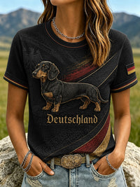 Damen-T-Shirt mit Dackel-Print aus Waffelstoff, kurzärmelig – Schwarz