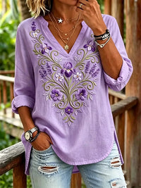 Damen-Top mit violetter Blumen- und Alzheimer-Aufklärungs-Print-Optik, V-Ausschnitt – Lila