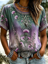 Damen Vintage Celtic Scottish Distel Edles Print Leinen Kurzarm T-Shirt – Lila