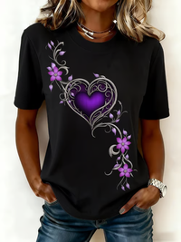 Damen-Vintage-T-Shirt mit lila Blumen kunst druck – Schwarz