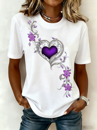 Damen-Vintage-T-Shirt mit lila Blumen kunst druck – Weiß