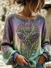Damen-Vintage-Distel-Keltisches Knoten-Druck-Steigung-Baumwoll-Leinen-Hemd – Lila