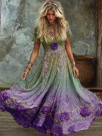 Damen Vintage lila Rose Art Gradient Print V-Ausschnitt Flowy Maxi Kleid – Lila