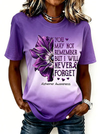 Damen-T-Shirt mit lila Blumenmuster und Aufdruck zur Sensibilisierung für die Alzheimer-Krankheit – Lila