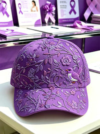 Unisex-Mütze in Lila mit Blumen- und Kolibri‑Muster zur Sensibilisierung für die Alzheimer‑Krankheit – Lila