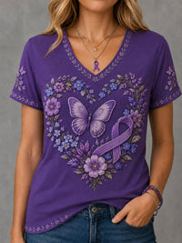 Damen-T-Shirt in Lila mit Blumen- und Schmetterlingsmuster zur Sensibilisierung für Alzheimer, V-Ausschnitt – Lila