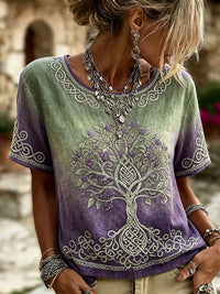 Damen Vintage Viking Tree Of Life Keltischer Druck Kurzarm-T-Shirt aus Leinen – Lila