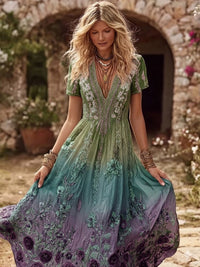 Damen Edles lila Blumen kunst Gradienten druck V-Ausschnitt Flowy Maxi Kleid – Lila