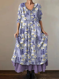 Frauen Alzheimer-Bewusstsein Lila Blume gedruckt Lose Langarm Baumwoll Leinen kleid – hellviolett