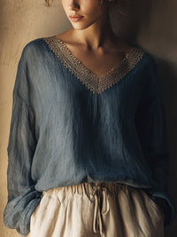 Damenhemd aus Leinen im Vintage-Stil mit Spitzen-Patchwork – Marine