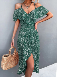 Stilvolles geblümtes Sommerkleid für Damen | Midi – Grün