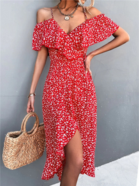 Stilvolles geblümtes Sommerkleid für Damen | Midi – Rot