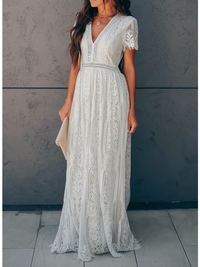 Heidi-Mode | Maxi Kleid Mit Kurzen Ärmeln Und V-Ausschnitt Und Spitze – Weiß
