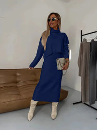 Thalina | Damen Strick-Set Zweiteilig Kleid Pullover – Blau